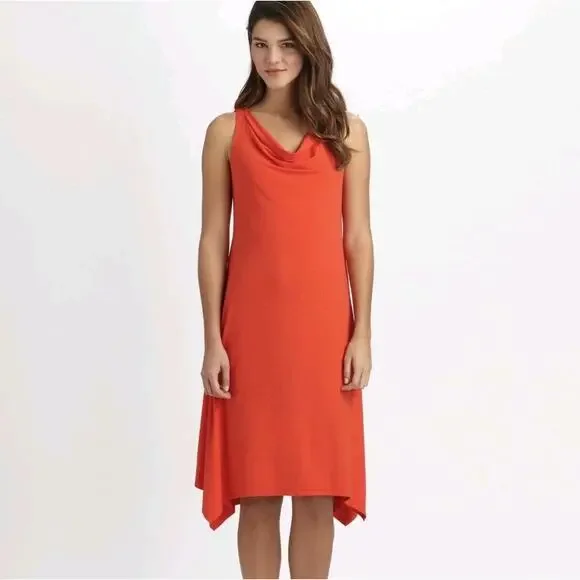 Eileen Fisher Red Orange Firefly Viscose Jersey Cowl Neck Dress Asymmetric Sz L - Picture 1 of 7